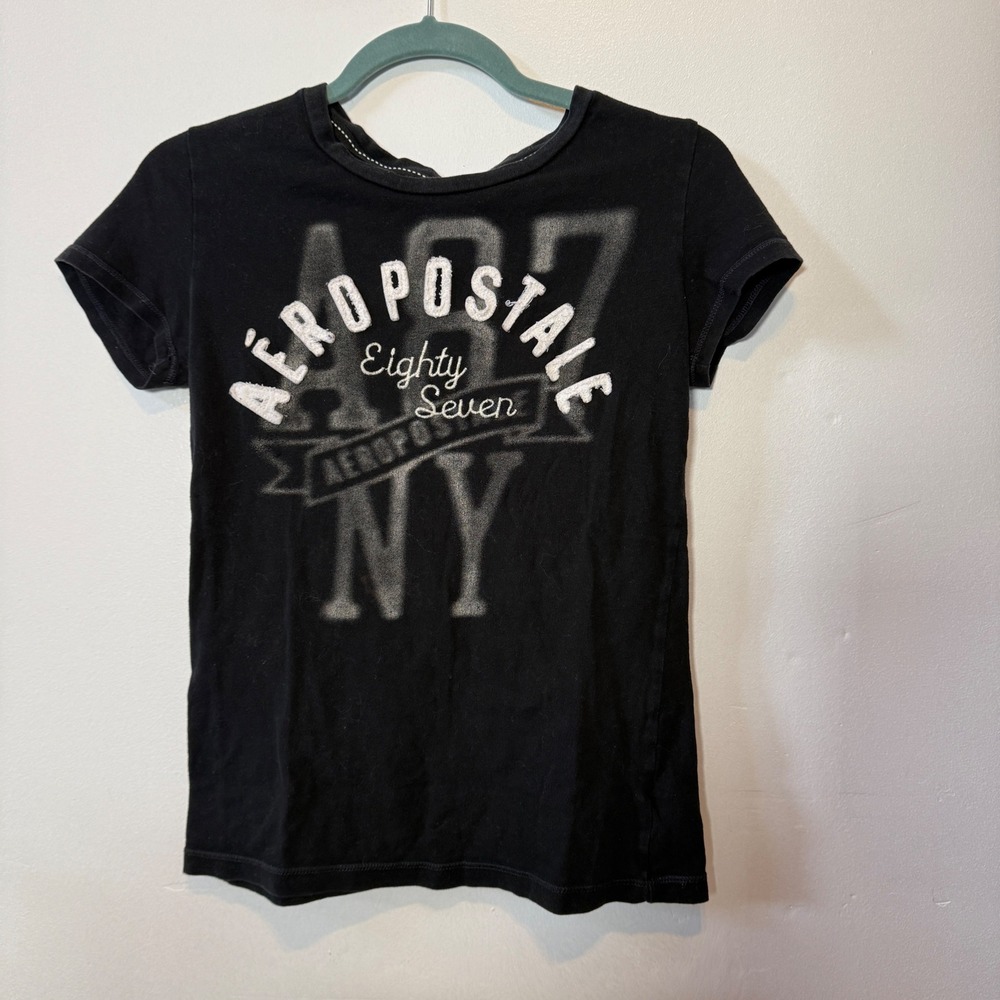 Aeropostale 87 NY Black Graphic Tee Shirt‎ Womens Medium Cotton Short Slv